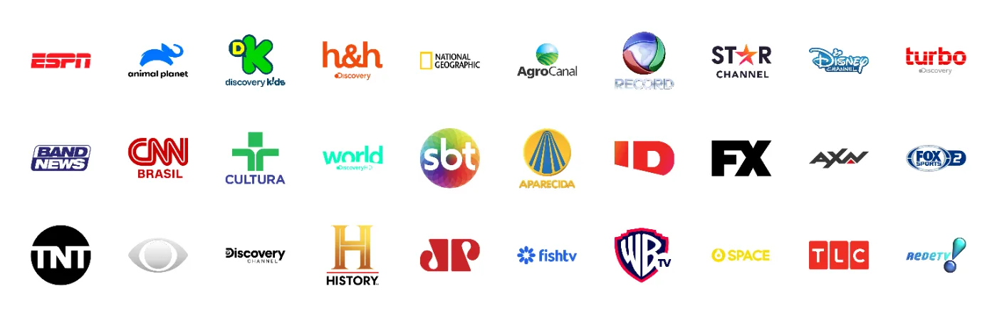 Logos de alguns dos canais disponíveis: ESPN, Animal Planet, Discovery Kids, CNN Brasil, SBT, Record, TNT, FX, History, Warner, entre outros